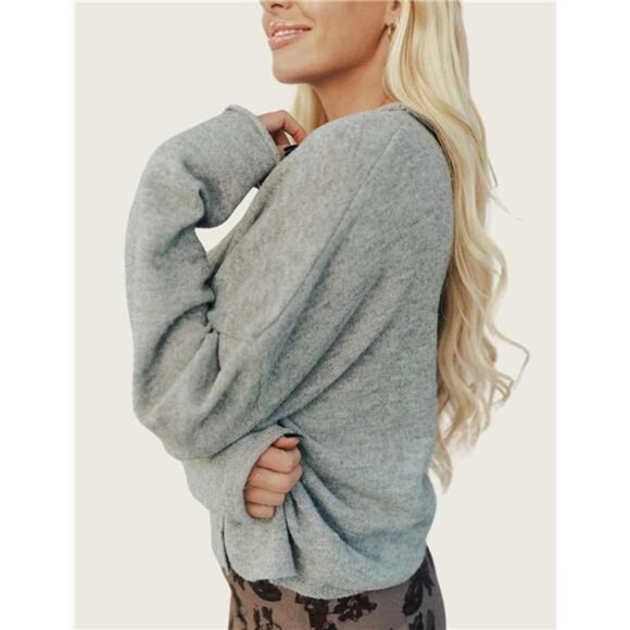 Women's Crew Neck Casual Cardigan Sweater Light Grey - Picture 4 of 5